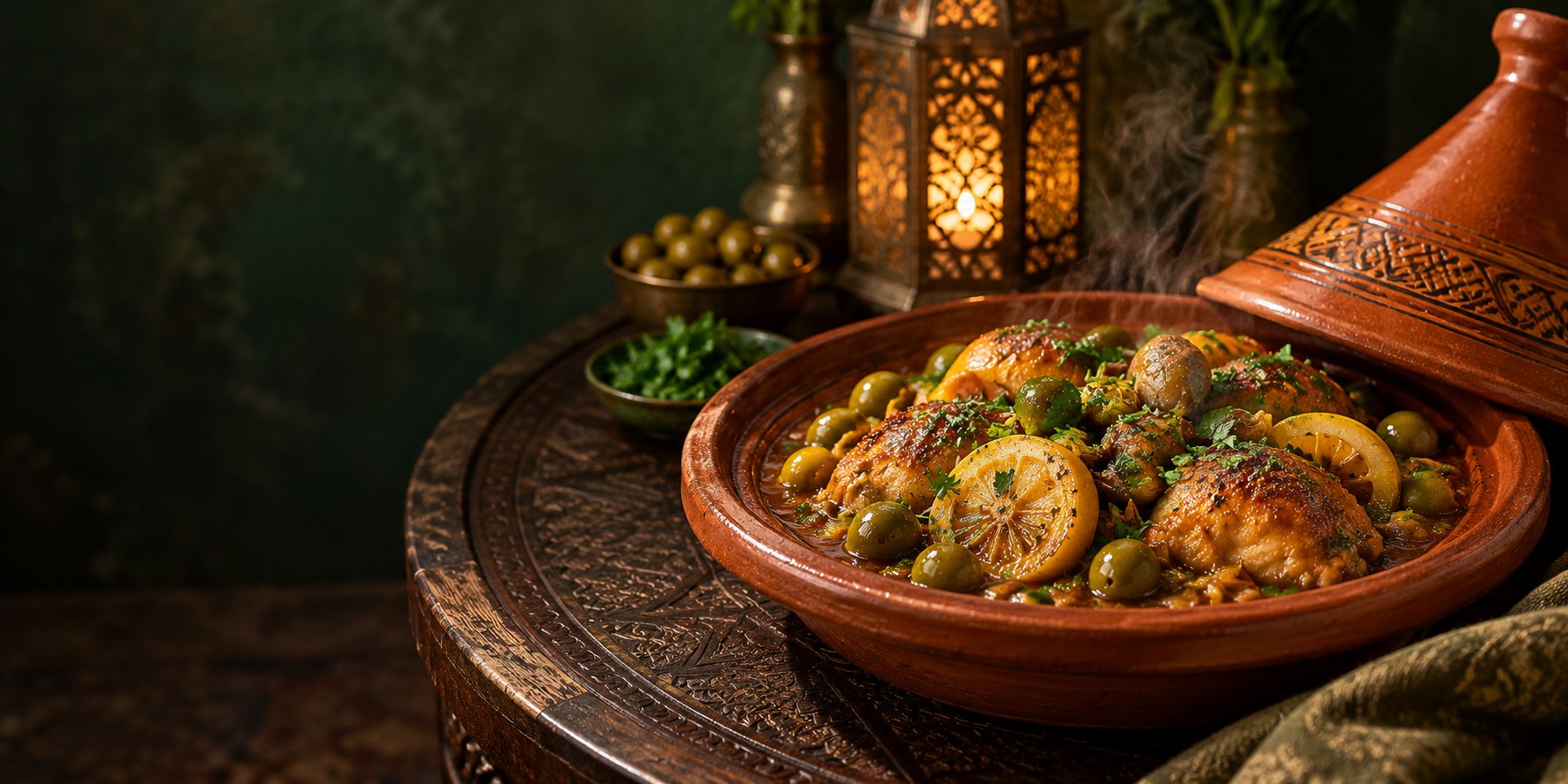 A traditional Moroccan tagine served with olives and preserved lemon