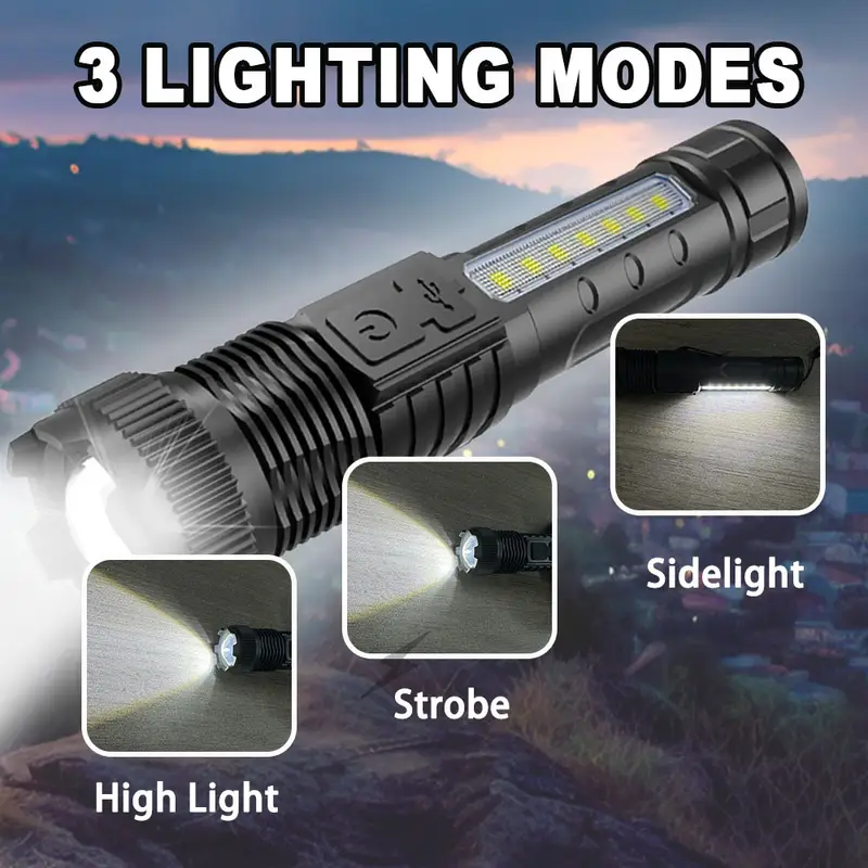 2pcs USB Rechargeable LED Flashlight – Zoomable, Portable & Multi-Use for Camping, Hiking & Emergency