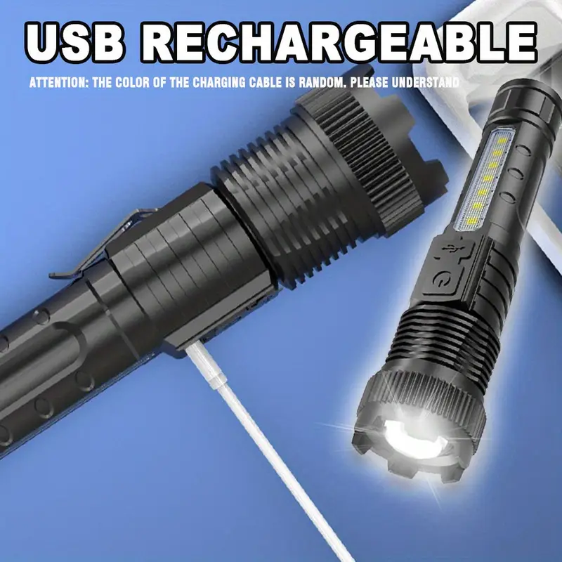 2pcs USB Rechargeable LED Flashlight – Zoomable, Portable & Multi-Use for Camping, Hiking & Emergency
