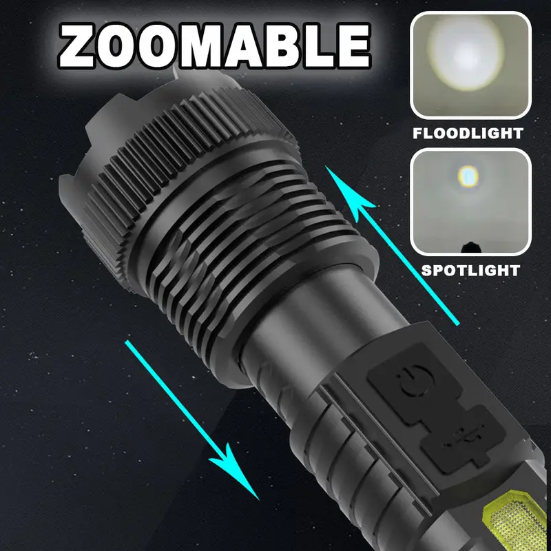 2pcs USB Rechargeable LED Flashlight – Zoomable, Portable & Multi-Use for Camping, Hiking & Emergency